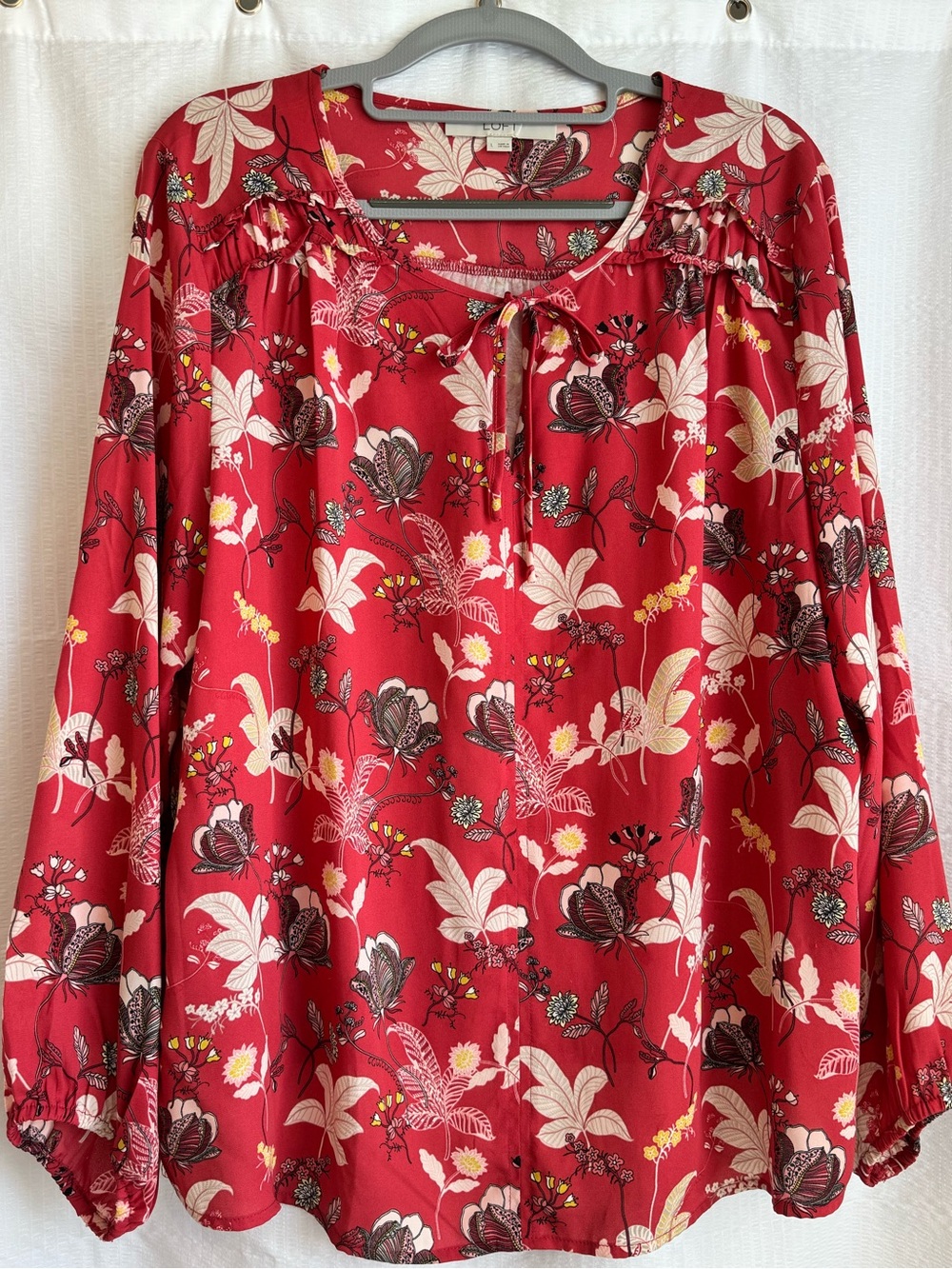 LOFT Soft Red Floral Tie-Neck Peasant Blouse - Picture 7 of 10